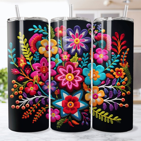 3 DESIGNS! Colorful Peruvian Flowers, 20oz Skinny Tumbler Sublimation Design Download, Straight and Tapered Tumbler Wrap Print, 3D texture