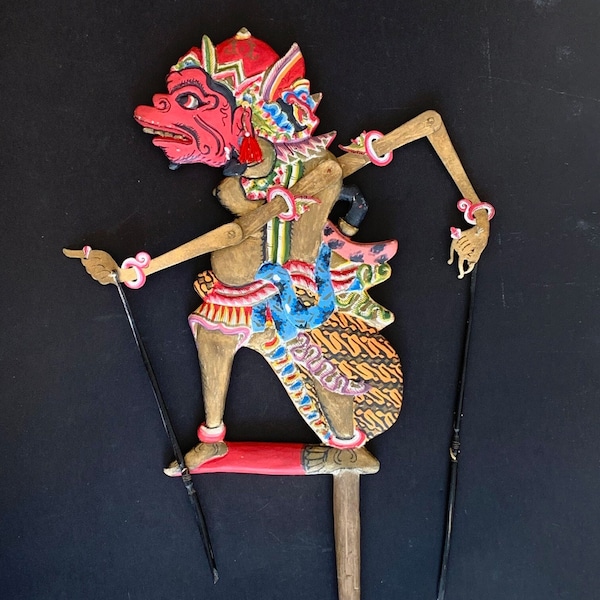 Vintage 1980's Red Face Wayang Klitik Shadow Puppet Java Indonesia with Stand 19 inches