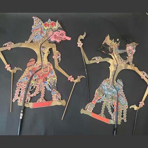 2 Large Vintage Javanese 1900s Wayang Kulit Painted Leather Shadow Puppets Indonesia Wall Art Home Decor Wall Hangings Wall Display