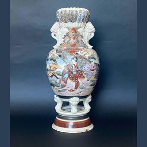 Large Antique Satsuma Meiji Period Unique Shaped Gold Gilt Vase Japan 38cm Tall