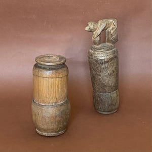 2 Antique Carved Bamboo/Redwood Lime Betel Nut Containers  West Timor  Indonesia