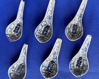 6 Antique Qing Dynasty 1800s Shipwreck Cargo Porcelain Hand Painted Spoons China
