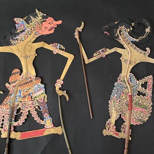 2 Vintage Javanese 19th Century Wayang Kulit Painted Leather Shadow Puppet Indonesia Wall Art Home Decor Wall Hangings Wall Display Artifact