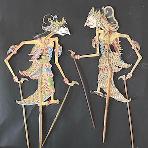 2 Antique Javanese 19th Century Wayang Kulit Painted Leather Shadow Puppet Indonesia Wall Art Home Decor Wall Hangings Wall Display Artifact