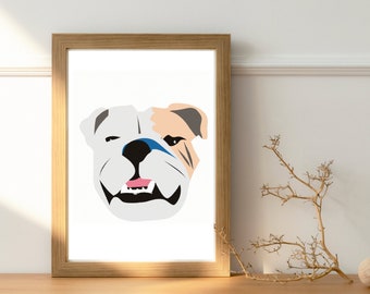 English bulldog poster. Printable design. Minimalist drawing. Dog wall print. Digital download. Dog face poster. Coloured. Modern art.