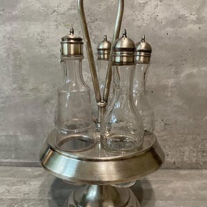 Vintage Silver-Plated Cruet Set with  Five Etched Glass Bottles