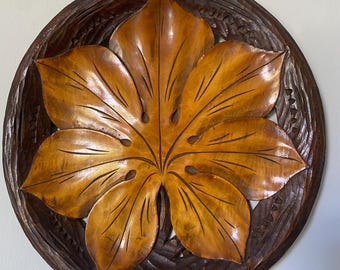 Vintage handgesneden houten wanddecoratie – Tropische bladeren, volkskunst