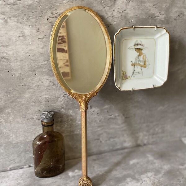 Espejo de mano de tocador vintage chapado en oro de 24k