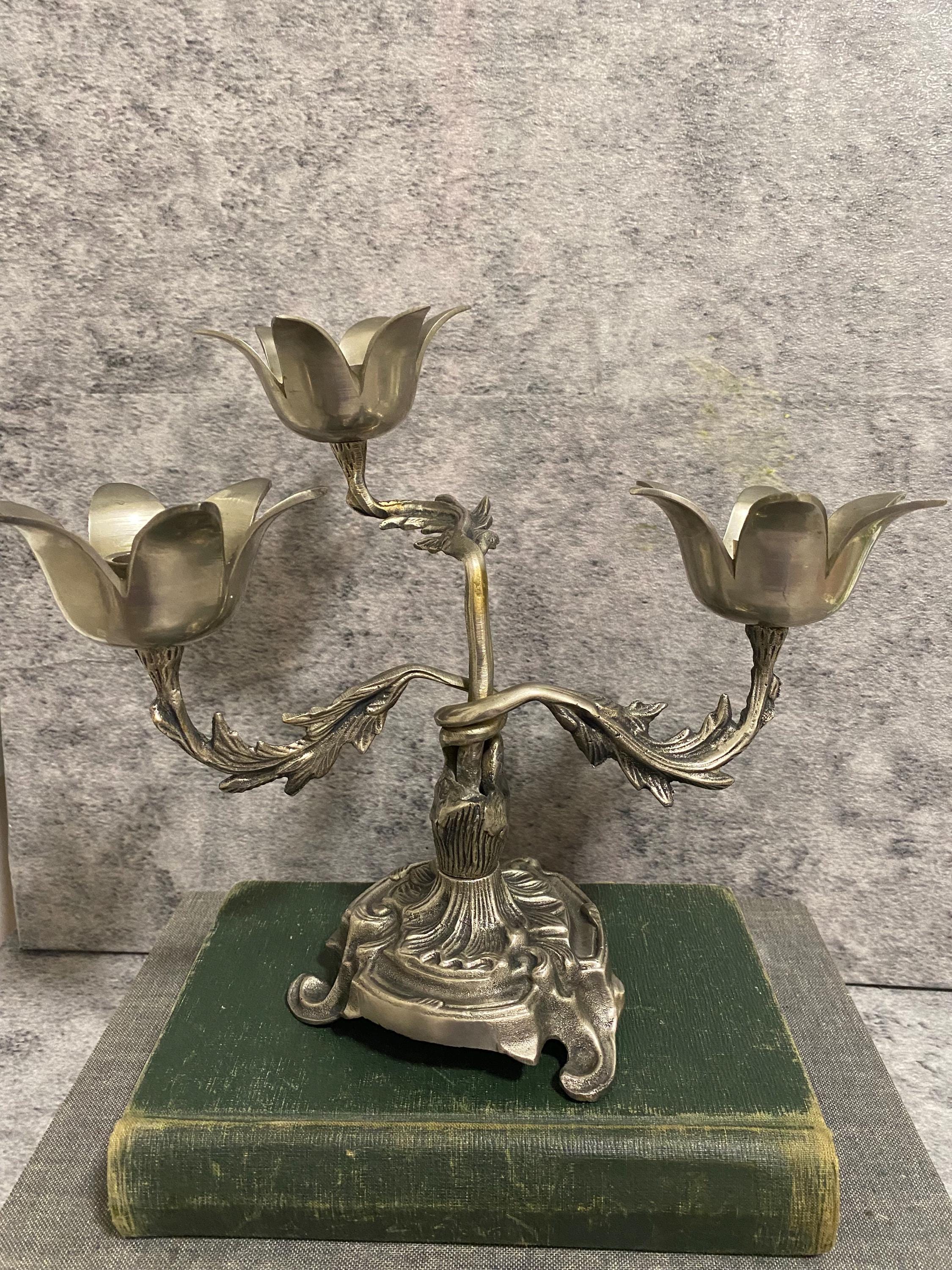 Vintage Art Nouveau Tulip Candelabra – 3 Arm Metal Candle Holder