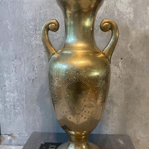 MCM Etched Floral Design Brass Vase