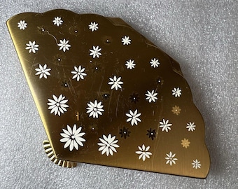 VTG 50s Wadsworth waaiervormig compact goudkleurig make-updoosje met madeliefjesbloemen