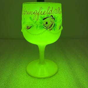 Può includere: Un calice in vetro verde neon brillante caratterizzato da un motivo floreale dipinto a mano con foglie verde scuro e una delicata ghirlanda di perline. Il testo Springfield, Minn è scritto in corsivo sulla parte superiore.