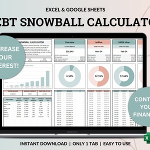 Hoja de cálculo de bola de nieve de deuda Hoja de Google Excel Rastreador de pago de deuda Calculadora de bola de nieve de deuda Pago de préstamos estudiantiles Pago de deuda de la casa Tarjetas de crédito