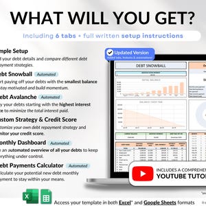 Ultimate Debt Dashboard spreadsheet to track and pay off debt with snowball, avalanche, or custom strategy with custom payment amounts. Includes debt payoff tracker, debt payoff spreadsheet, credit card and loan tracker, mortgage and student loan payoff calculator, credit score tracker and credit utilization tracking, monthly dashboard, repayment calculator. Google Sheets and Excel debt tracker for personal finance, budget planner, financial planner.