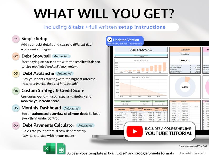 Ultimate Debt Dashboard spreadsheet to track and pay off debt with snowball, avalanche, or custom strategy with custom payment amounts. Includes debt payoff tracker, debt payoff spreadsheet, credit card and loan tracker, mortgage and student loan payoff calculator, credit score tracker and credit utilization tracking, monthly dashboard, repayment calculator. Google Sheets and Excel debt tracker for personal finance, budget planner, financial planner.