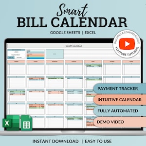 Op de afbeelding: Een laptopscherm dat een Google Sheets-spreadsheet toont met een sjabloon voor een factuurkalender. De spreadsheet heeft de titel "Smart Calendar" en bevat een betalingsvolger, een intuïtieve kalender en een demovideo. De tekst "Google Sheets | Excel" wordt onder de titel weergegeven.