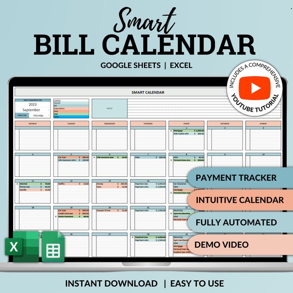 Bill Tracker Spreadsheet Google Sheets Excel Bill Calendar Monthly Smart Bill Planner Editable 2024 Calendar Personal Finance Budget Tracker