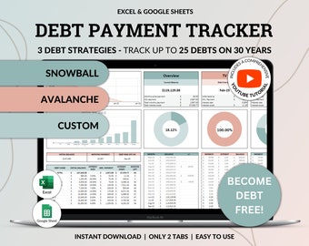 Monitoraggio del debito Pagamento Debito Valanga di debiti Excel Calcolatore Valanga di debiti per Google Sheet Prestito studentesco Mutuo Pagamento casa Saldo carta di credito