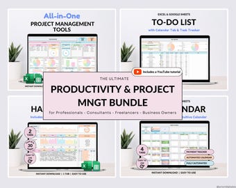 Puede incluir: Un paquete de productos digitales para la productividad y la gestión de proyectos. El paquete incluye cuatro plantillas de Excel y Google Sheets: una lista de tareas con una pestaña de calendario y un rastreador de tareas, un rastreador de hábitos, un calendario y un rastreador de pagos. Las plantillas son coloridas y fáciles de usar.