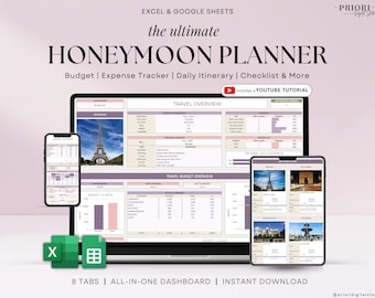 Honeymoon Travel Planner Google Sheets Excel Holiday Organizer Travel Budget Spreadsheet Travel Itinerary Vacation Planner Packing List