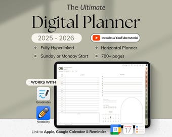 2025 2026 Digital Planner All-in-One Planner for iPad Android Goodnotes Templates Notability Planner Daily Weekly Journal Monthly Planners