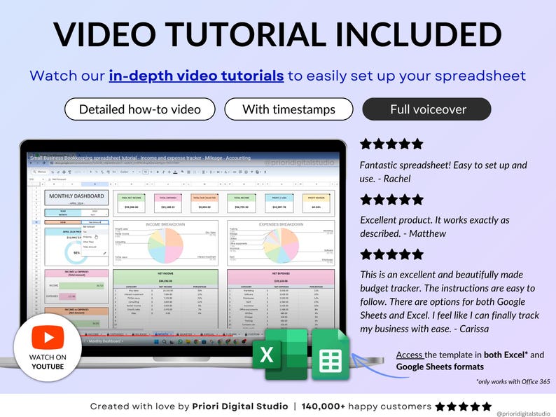 Ultimate Small Business Bundle in dark mode with 4 spreadsheets for Google Sheets and Excel including bookkeeping, inventory tracker, order tracker, pricing calculator, and smart bill calendar. Perfect for small business and handmade sellers to track income, expenses, sales taxes, inventory, customers, product pricing, invoices, profit, and bills in one complete business spreadsheet bundle. Can use for multiple years!