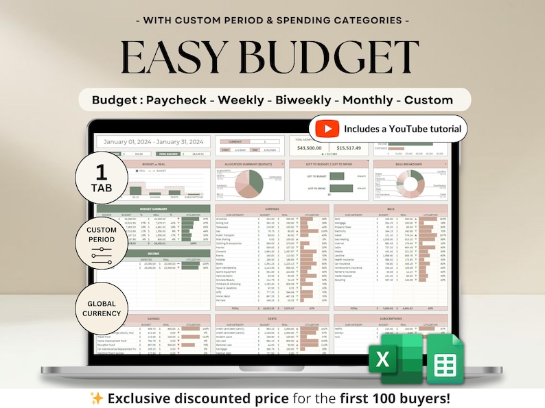 Paycheck Budget Planner for Google Sheets Budget Spreadsheet Excel Template Weekly Budget Biweekly Budget Planner Income and Expense Tracker