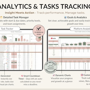 A complete YouTube creator planner in Excel and Google Sheets. Includes brand identity, goals, dashboard, monthly and weekly calendars, video content planning, 30-day schedule, collaboration tracker, and finance hub. Perfect for YouTubers, vloggers, and social media content creators to stay organized, plan videos, track progress, and grow their channel with a clear content strategy and planner system.