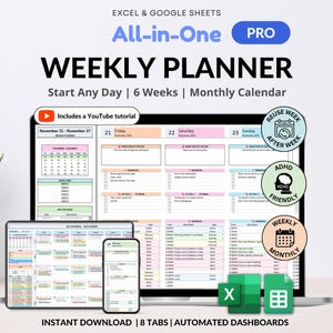 Puede incluir: Un planificador semanal digital que se muestra en una computadora portátil, tableta y teléfono. El planificador incluye un calendario mensual, 6 semanas de planificación y un tutorial de YouTube. El planificador es compatible con TDAH.