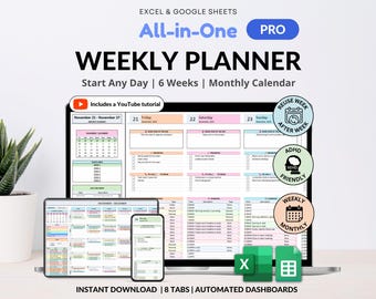 Agenda hebdomadaire pour Google Sheets Agenda hebdomadaire TDAH Agenda Excel par tranches de temps Liste de tâches Agenda d'objectifs Agenda mensuel de productivité