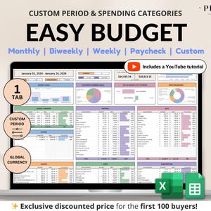 May include: A laptop screen displaying a spreadsheet with the title "Easy Budget". The spreadsheet includes a variety of tabs, including "Monthly", "Biweekly", "Weekly", "Paycheck", and "Custom". The spreadsheet also includes a YouTube tutorial icon.