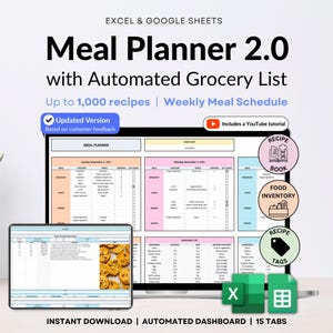 Planificateur de repas hebdomadaire Feuille de calcul Google Sheets Journal de recettes Excel Suivi des calories Liste de courses automatique Suivi de la perte de poids Inventaire des aliments