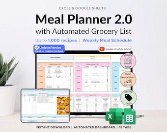 Weekly Meal Planner Google Sheets Spreadsheet Excel Recipe Journal Calorie Tracker Automatic Grocery List Weight Loss Tracker Food Inventory