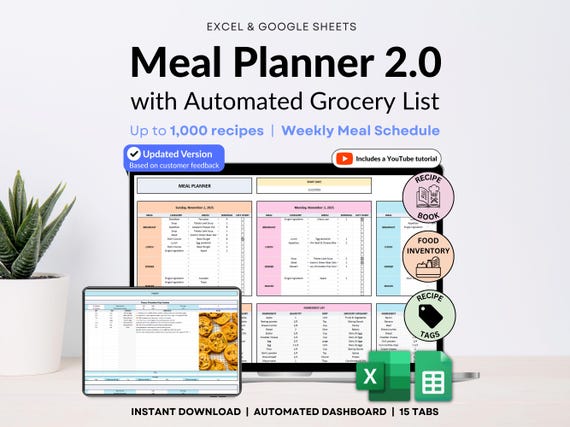 Weekly Meal Planner Google Sheets Spreadsheet Excel Recipe Journal Calorie Tracker Automatic Grocery List Weight Loss Tracker Food Inventory