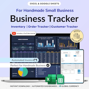 May include: A laptop and tablet display a business tracker with charts and graphs. The text reads "For Handmade Small Business Business Tracker" and includes "Inventory, Order Tracker, Customer Tracker." Additional text includes "Automated Invoice" and "Includes a YouTube tutorial."