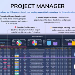 Project Management Spreadsheet for Excel and Google Sheets in dark mode designed for small businesses, teams, and freelancers. Includes dashboards, recurring tasks, Gantt chart, Kanban board, Eisenhower matrix, task tracker, project timeline, and schedule templates