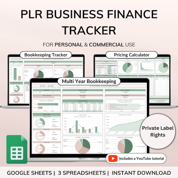 PLR Bookkeeping Spreadsheet Inventory Tracker Pricing Calculator Commercial Use PLR Google Sheets Bundle Master Resell Rights PLR Template