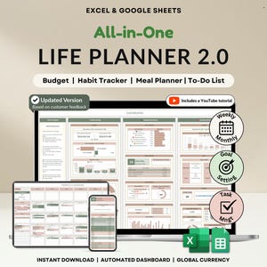 May include: A digital life planner displayed on a laptop, tablet, and smartphone. The planner includes budget, habit tracker, meal planner, and to-do list features. The text on the screen reads "All-in-One LIFE PLANNER 2.0". The image also includes the text "Instant Download | Automated Dashboard | Global Currency".