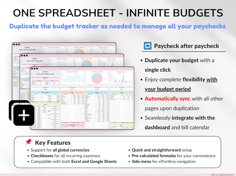 Paycheck Budget Spreadsheet Monthly Budget Weekly Budget Biweekly Debt Tracker Bill Tracker Financial Planner Excel Template Google Sheets