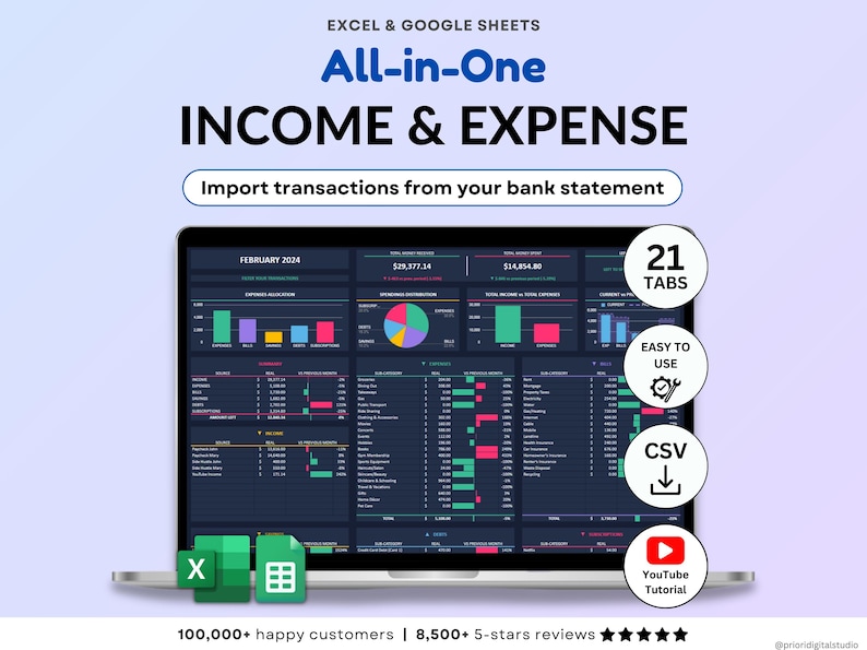 Income and Expense Tracker Spreadsheet in dark mode. Personal finance template for Google Sheets and Excel featuring transaction log, dashboards, annual totals, automated calendar, 12 monthly tabs, sinking funds, debt calculator, net worth tracker, and no-spend challenge.