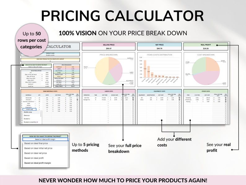 Pricing Calculator for Small Business Google Sheets Excel Business Tracker Handmade Products Pricing Template Profit Margin Pricing Guide
