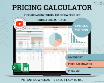Calculadora de precios para pequeñas empresas Hojas de cálculo de Google Excel Business Tracker Productos hechos a mano Plantilla de precios Margen de beneficio Guía de precios