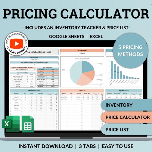 Pricing Calculator for Small Business Google Sheets Excel Business Tracker Handmade Products Pricing Template Profit Margin Pricing Guide