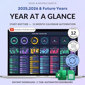 Puede incluir: Una pantalla de portátil muestra un calendario "Año de un vistazo" para 2025, 2026 y años futuros. El calendario incluye automatización de calendario de 12 meses, un tutorial de YouTube y realiza un seguimiento de cumpleaños y festivos. El diseño incluye iconos de Excel y Google Sheets.