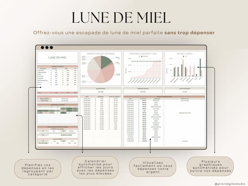Planner de mariage numérique en français compatible Excel et Google Sheets. Suivi du budget, liste d'invités, plan de table, itinéraire, lune de miel, checklist de mariage, fiançailles, gestion des cadeaux et plus. Parfait pour planifier un mariage de A à Z. Téléchargement instantané, idéal pour les couples organisés. Outil tout-en-un pour mariage civil, religieux ou destination.