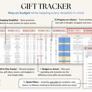 All-Occasion Gift Tracker Spreadsheet for birthdays, weddings, baby showers, and special occasions. Track recipient names, gift ideas, stores, budgets, and spending in one easy dashboard. Monitor progress for each gift, compare budget vs actual costs, and keep everything organized. Works with any currency and simplifies gift planning, shopping, and budgeting for stress-free gifting all year round.