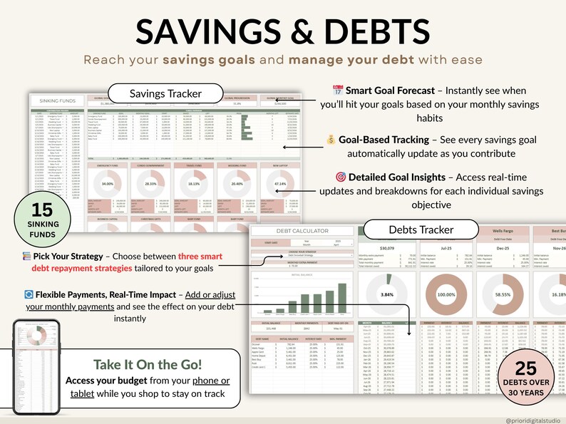 Biweekly budget planner template for Google Sheets and Excel with 26 paycheck tabs, all-in-one dashboard, automated calendar, and annual totals. Track income, expenses, debt, savings, and net worth. Includes 50/30/20 budget dashboard, sinking funds, investment forecast, and no-spending challenge. The perfect digital budget spreadsheet to manage finances, bills, and wealth year-round.