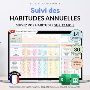 May include: A laptop screen shows a spreadsheet for tracking annual habits, with the text "Suivi des Habitudes Annuelles" and "Suivez vos habitudes sur 12 mois." The screen displays charts and data tables, with icons for YouTube, Excel, and Google Sheets.