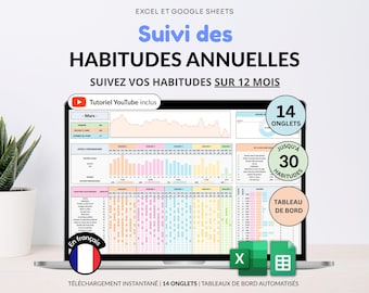 Suivi des Habitudes Annuelles Google Sheets Planificateur d’habitudes quotidiennes & hebdomadaires Excel Suivi de la Routine Liste de tâches