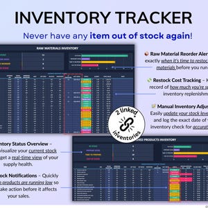 Ultimate Small Business Bundle in dark mode with 4 spreadsheets for Google Sheets and Excel including bookkeeping, inventory tracker, order tracker, pricing calculator, and smart bill calendar. Perfect for small business and handmade sellers to track income, expenses, sales taxes, inventory, customers, product pricing, invoices, profit, and bills in one complete business spreadsheet bundle. Can use for multiple years!